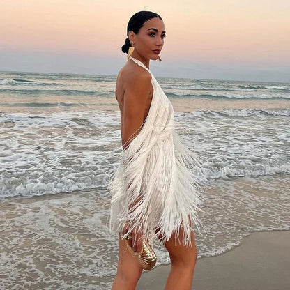 Ivy Fringe Trim Mini Dress In White