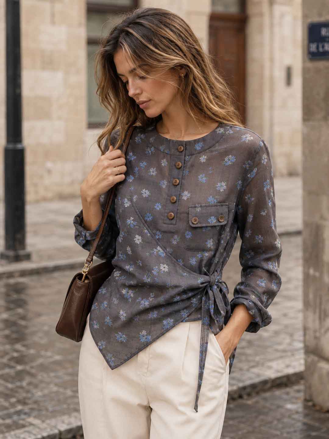 New French Floral Tie-front Shirt