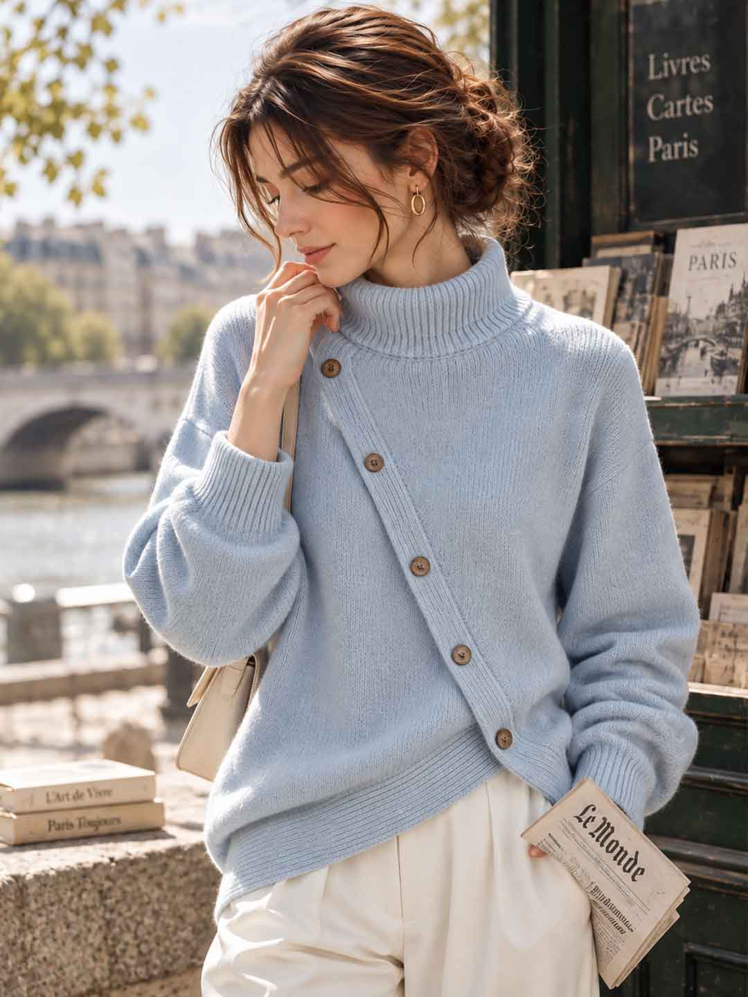 New High-neck Button-detail Sweater