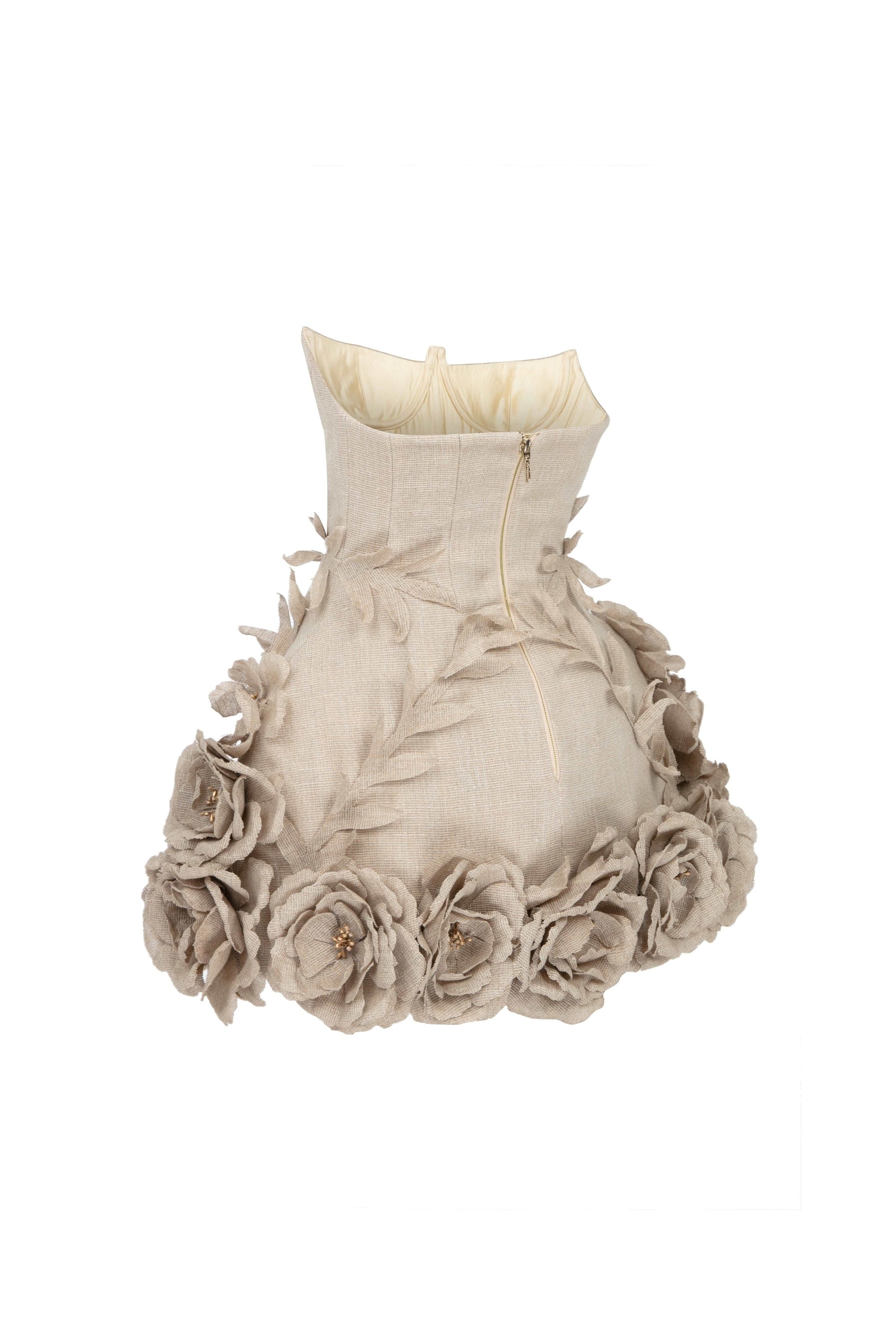 ABITO CORSETTO IN LINO BEIGE CON DETTAGLI FIORI SALOME