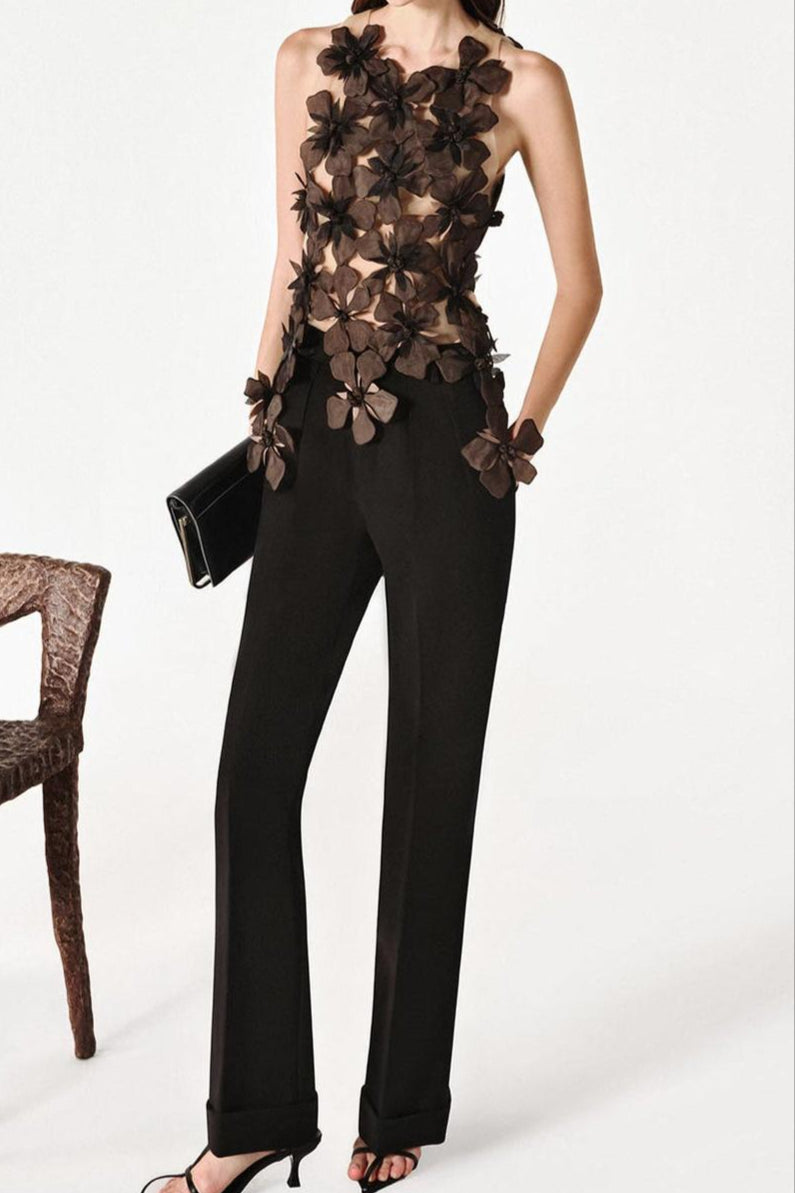 Moyer Bodycon Flower Applique Tulle Top in black