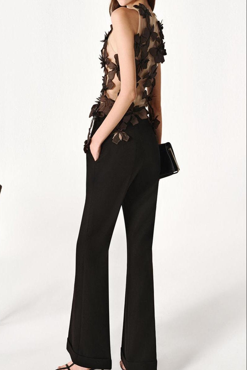 Moyer Bodycon Flower Applique Tulle Top in black