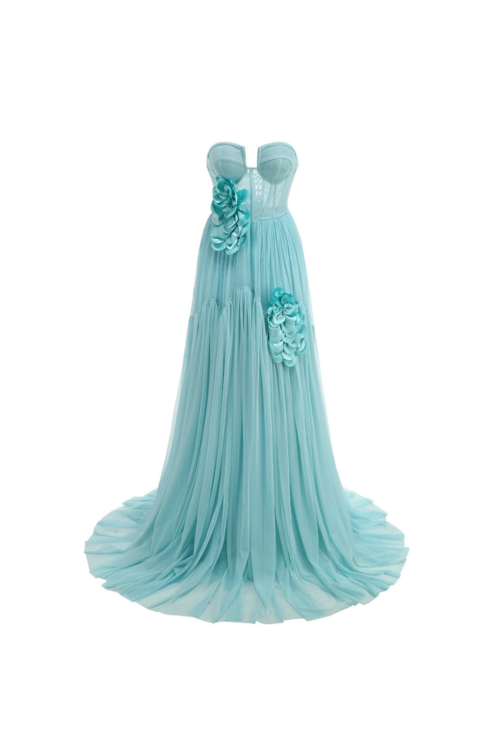 Floral strapless tulle maxi dress in blue
