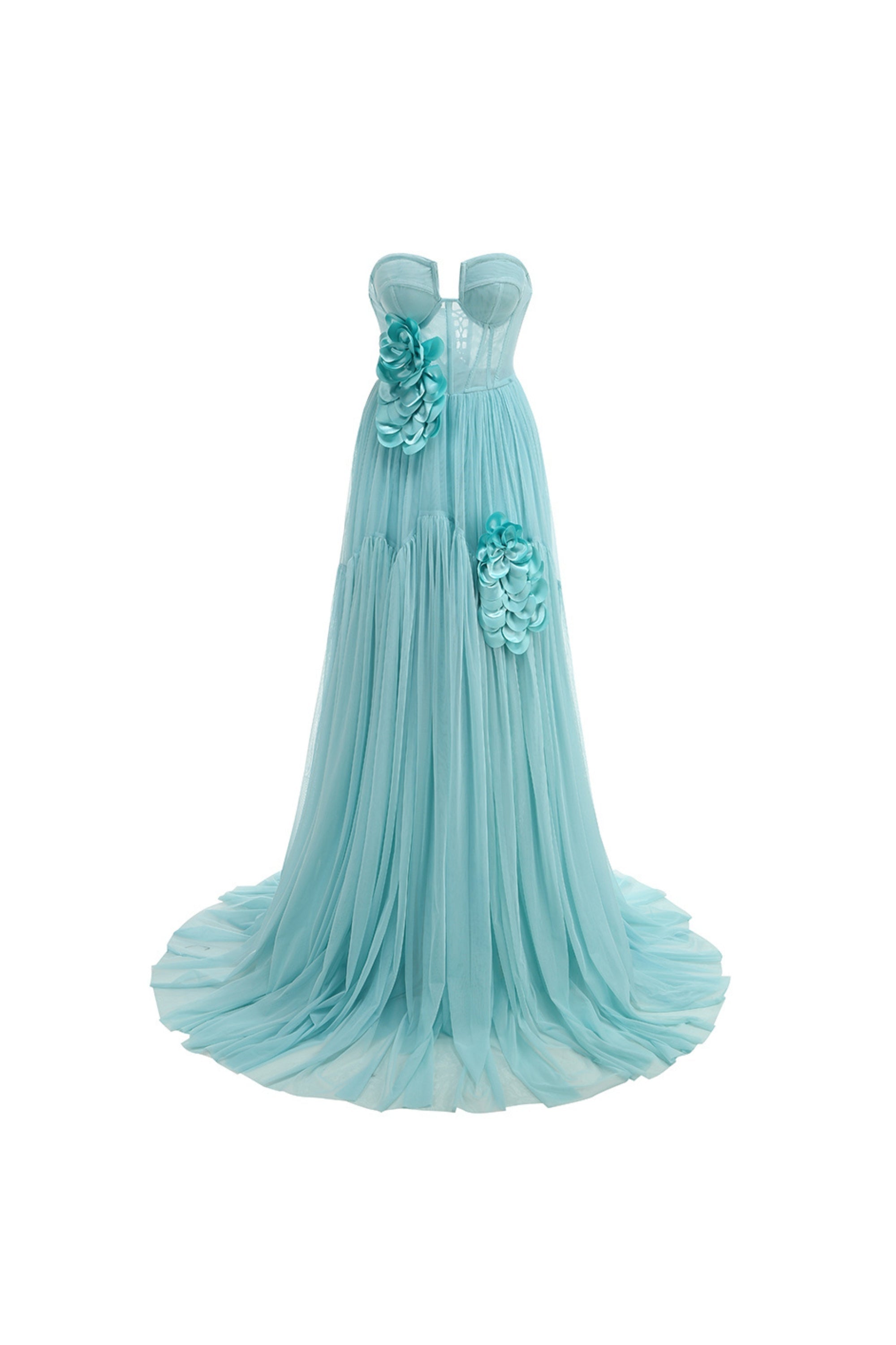 Floral strapless tulle maxi dress in blue
