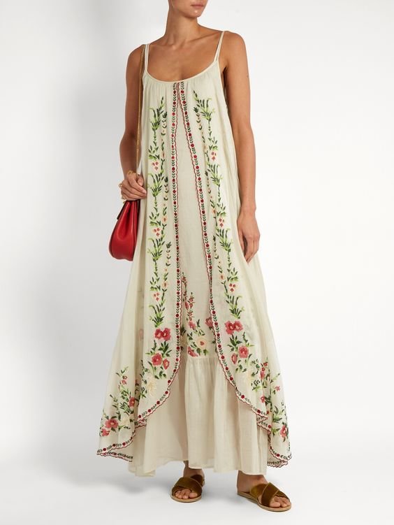 Vintage Embroidered Cotton Floral Maxi Dress