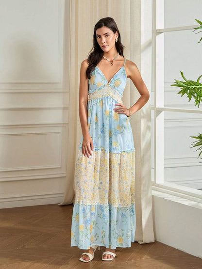Floral Print Cami backless V Neck A Line maxi Dress - blue