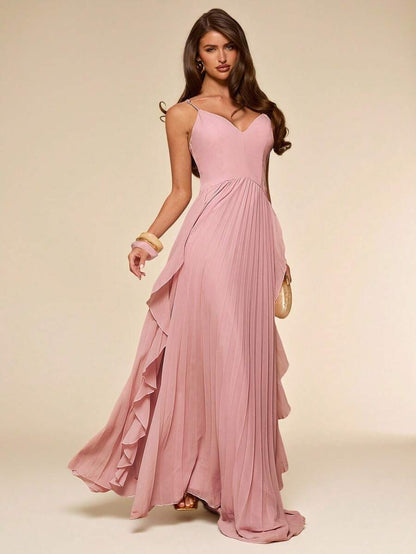 Light Blush Pleated Sleeveless V-Neck maxi Dress