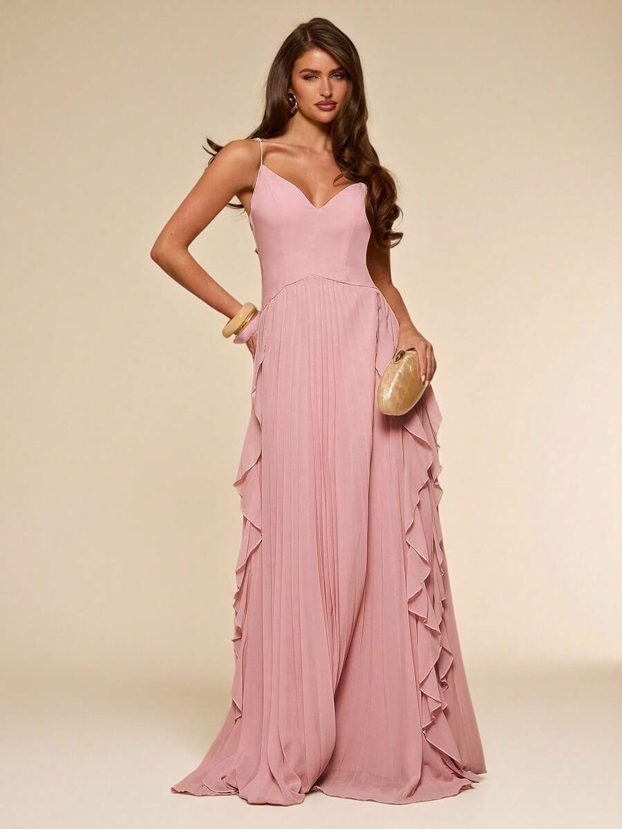 Light Blush Pleated Sleeveless V-Neck maxi Dress