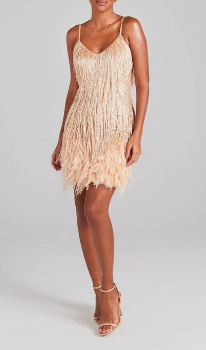 Emerald Tassel Feather Mini Dress - Luxe Green Party Dress