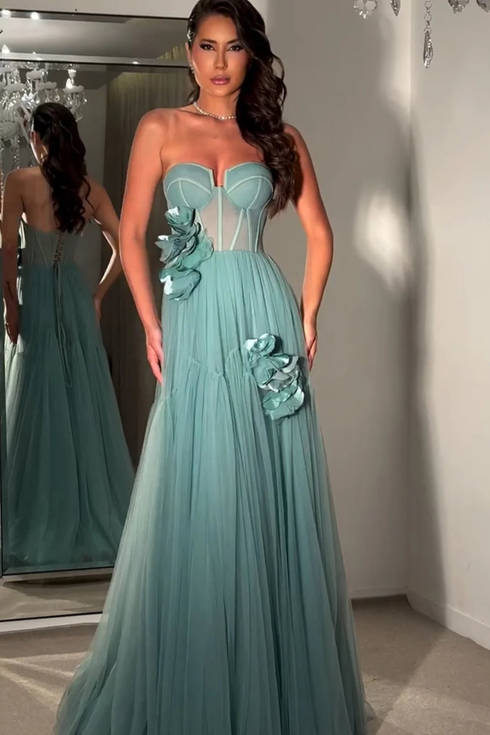 Floral strapless tulle maxi dress in blue