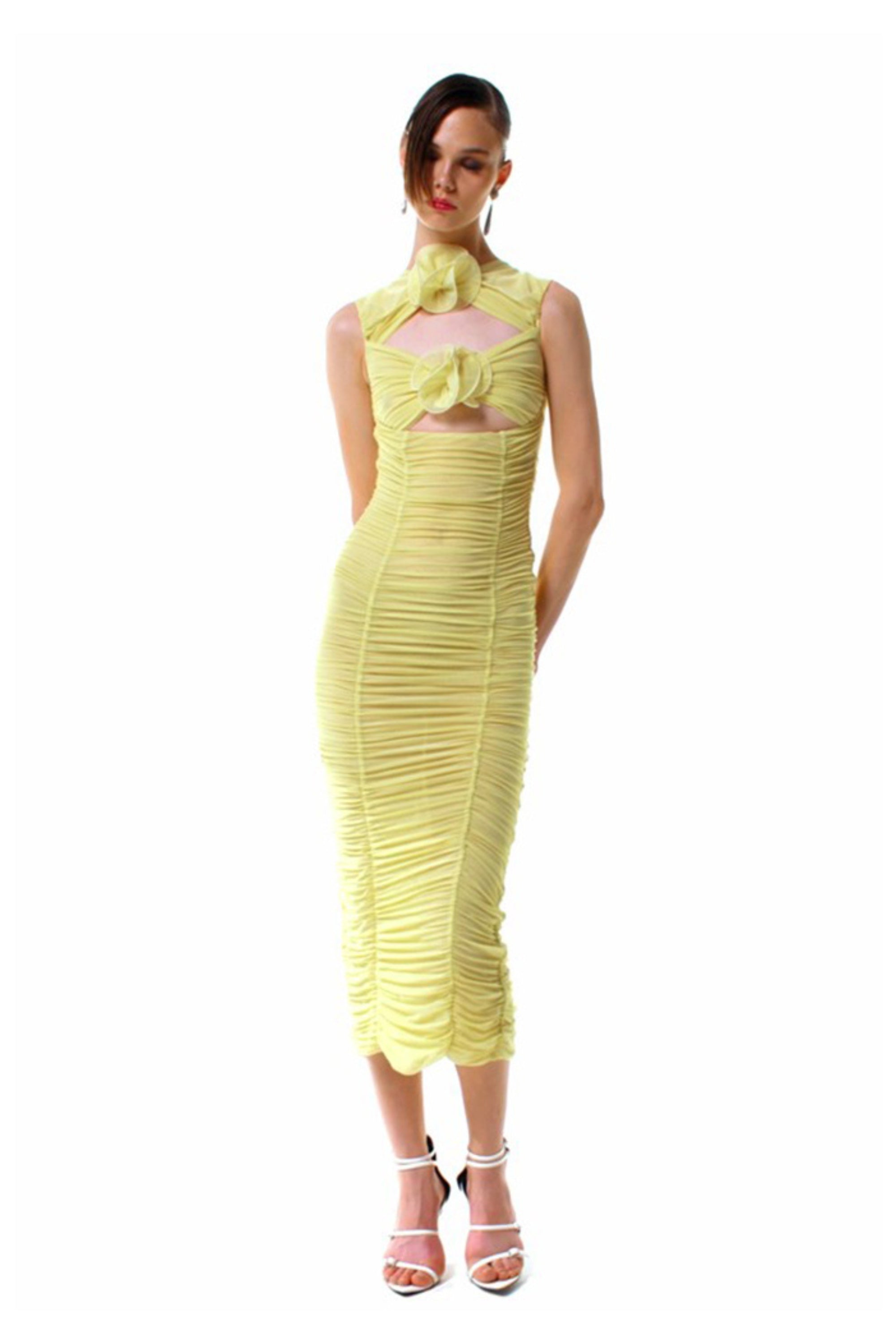 Tulle floral cutout midi dress in yellow