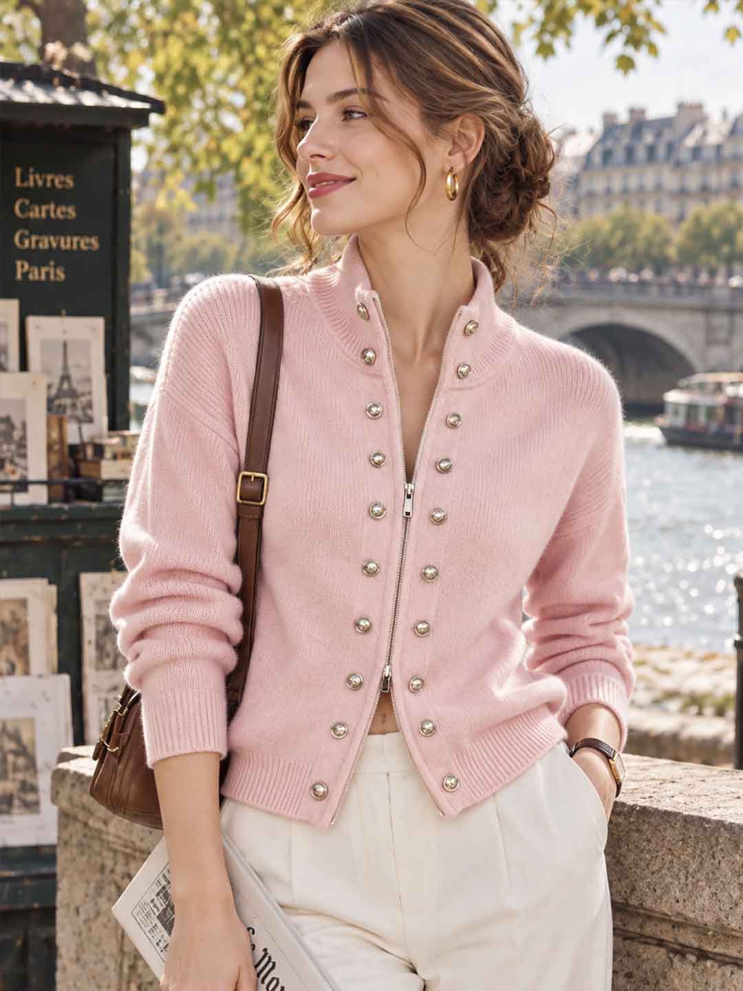 Double-breasted Zip-up knit Cardigan