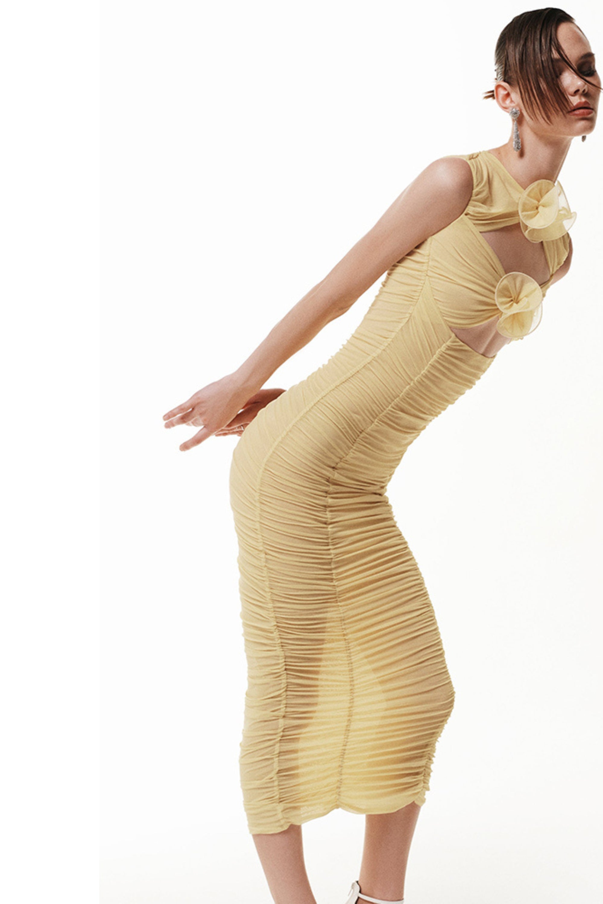 Tulle floral cutout midi dress in yellow