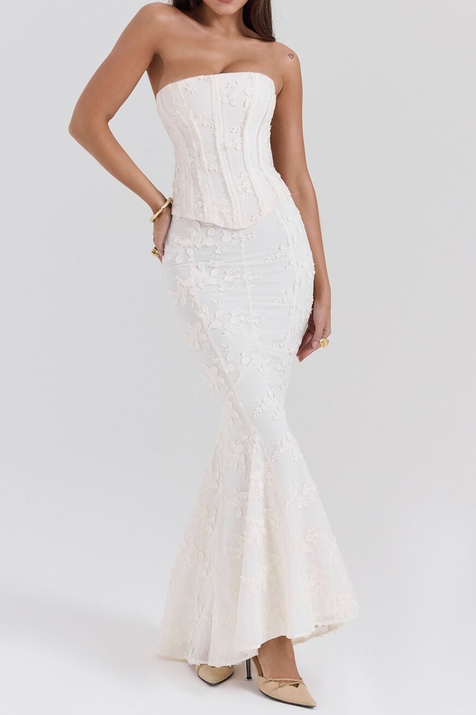 Floral mermaid maxi dress set in white