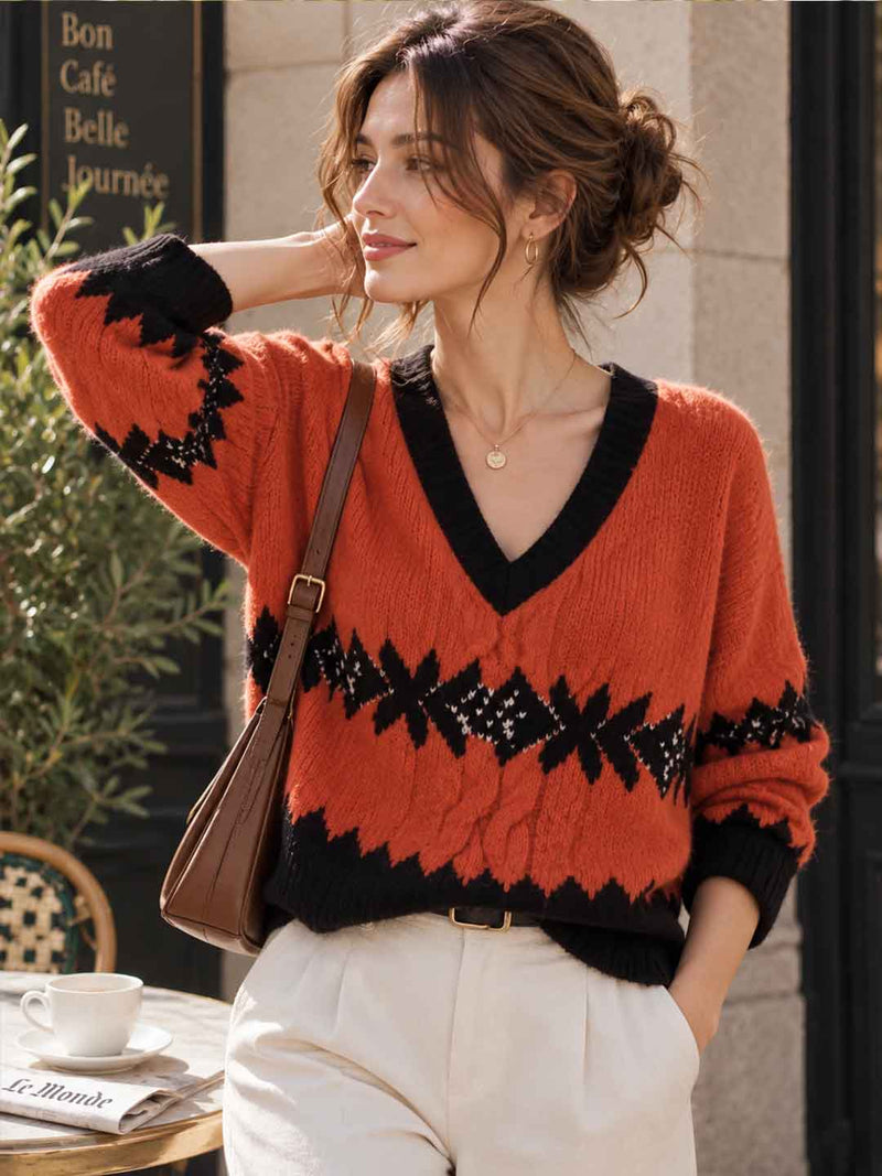 V-neck Color-block Jacquard Sweater