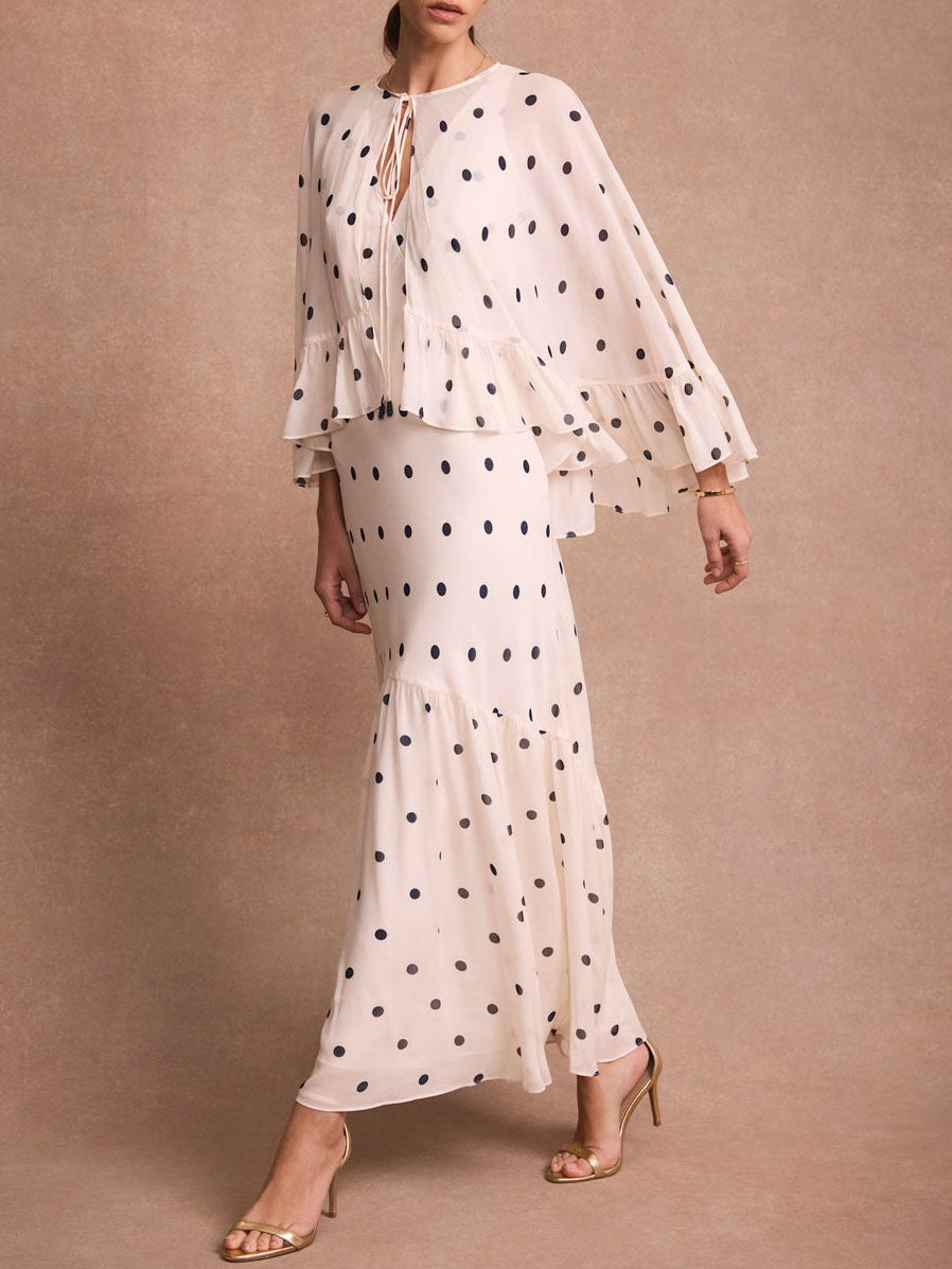 Polka Dot Ruffle Layered Chiffon Cape Maxi Dress