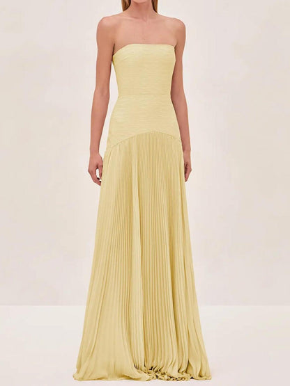 Pale Yellow Strapless Textured Pleated Floor-Length Maxi Gown