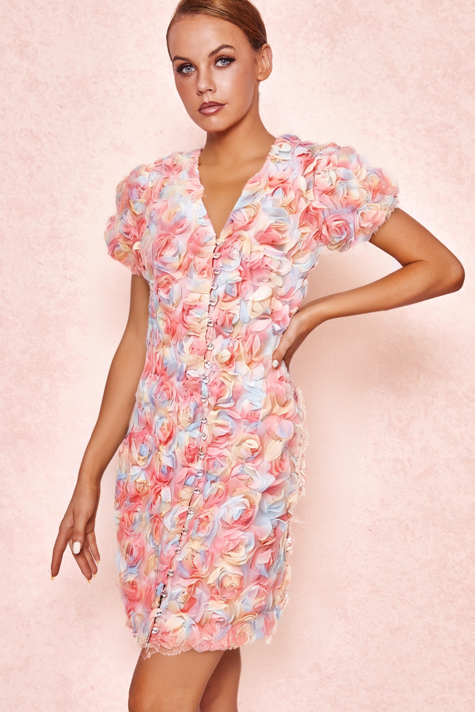 FAWN FLOWER EMBROIDERY BUTTON MINI DRESS IN PINK