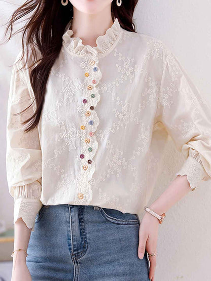 xaviera Classic Ruffle Collar Hollowed Embroidered Top