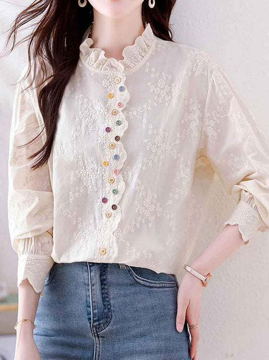 xaviera Classic Ruffle Collar Hollowed Embroidered Top