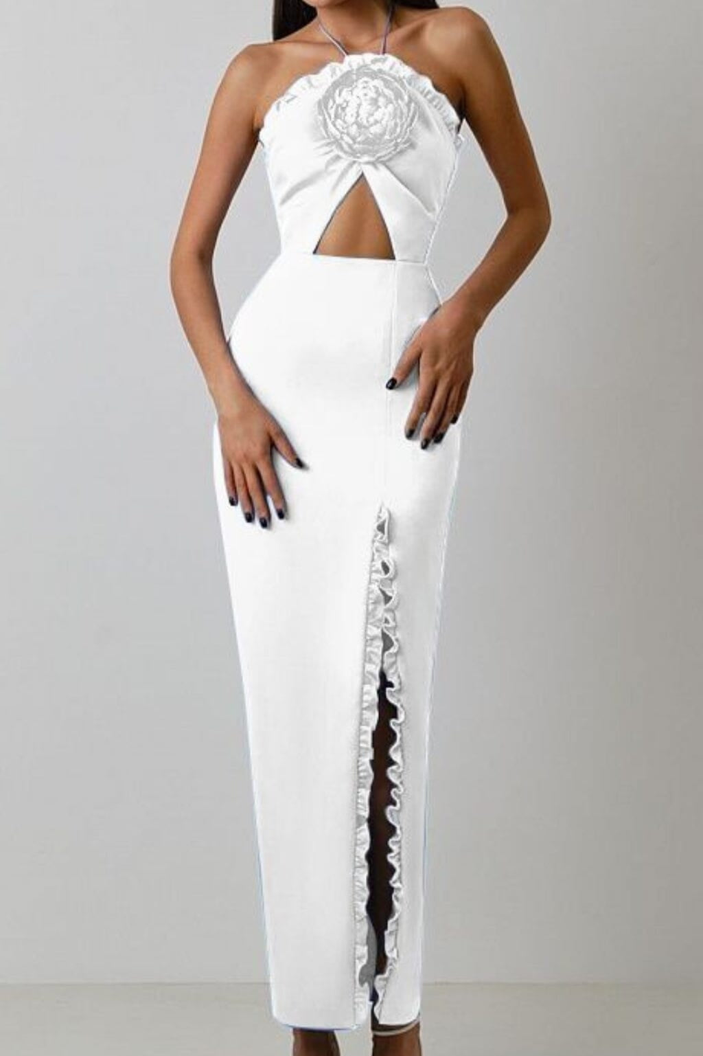 FLORAL EMBELLISHED SLIT MIDI DRESS IN WHITE