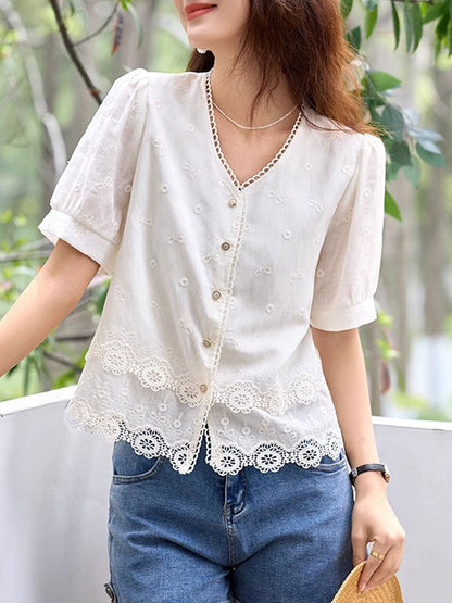 sabina Loose V-Neck Hollowed Lace Top