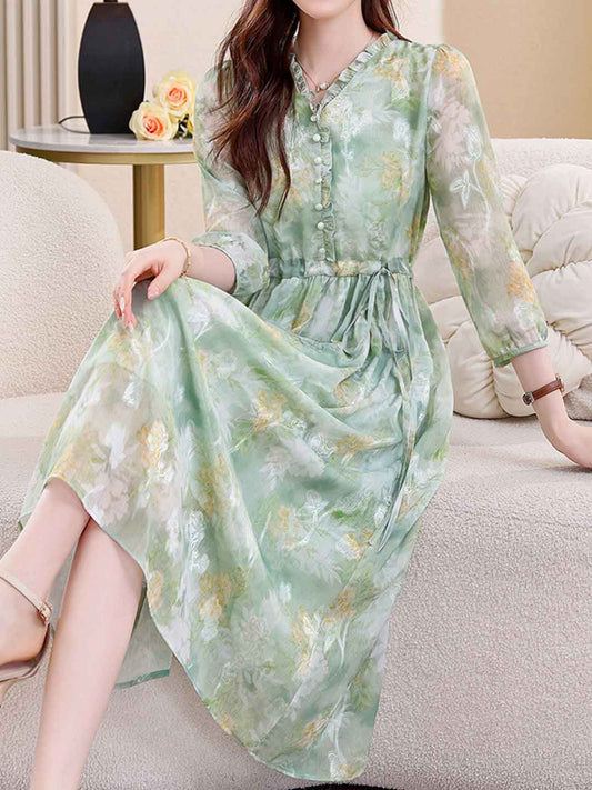 martha Vacation Auricular Collar Jacquard Drawstring Dress