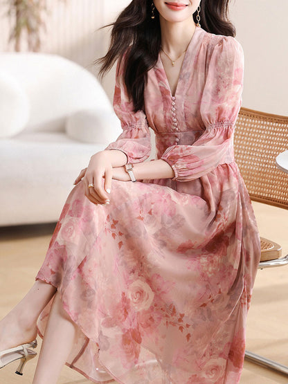 Madison Daily V-Neck Puff Sleeve Chiffon Floral Dress