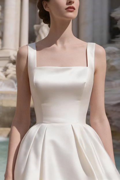 Sharon White Square Neck Satin Midi Wedding Dress