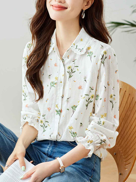 nancy Classic Lapel Embroidered Floral Shirt