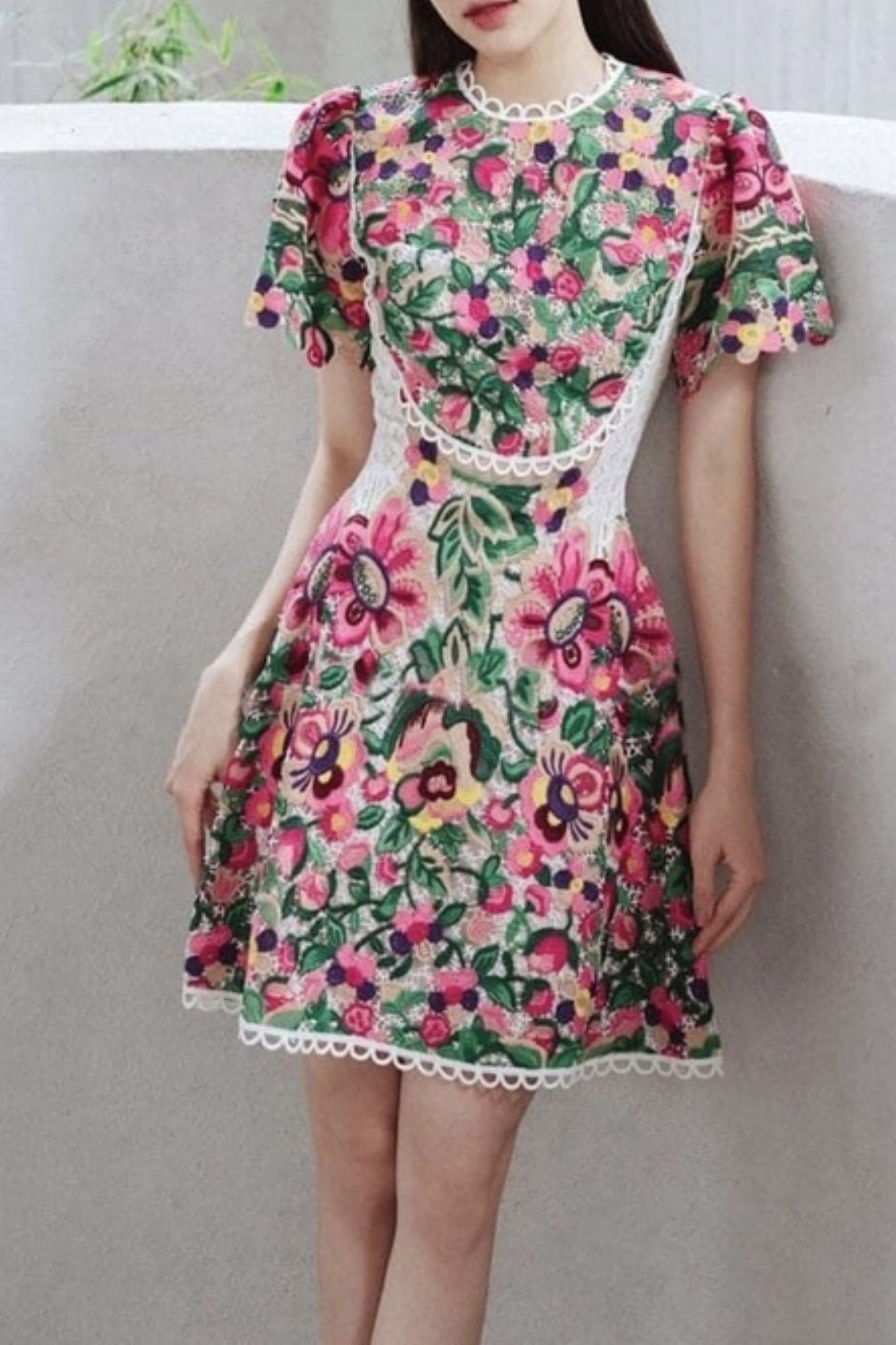 FLORAL-EMBROIDERED LACE DRESS IN LIPSTICK