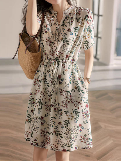 sabrina V-Neck Printed Drawstring Chiffon Dress