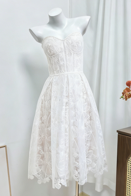 AGNENS White Sexy Strapless Embroidered Lace Midi Dress