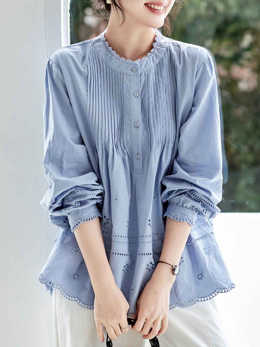 Madison Daily Crew Neck Crochet Accordion Pleated Top