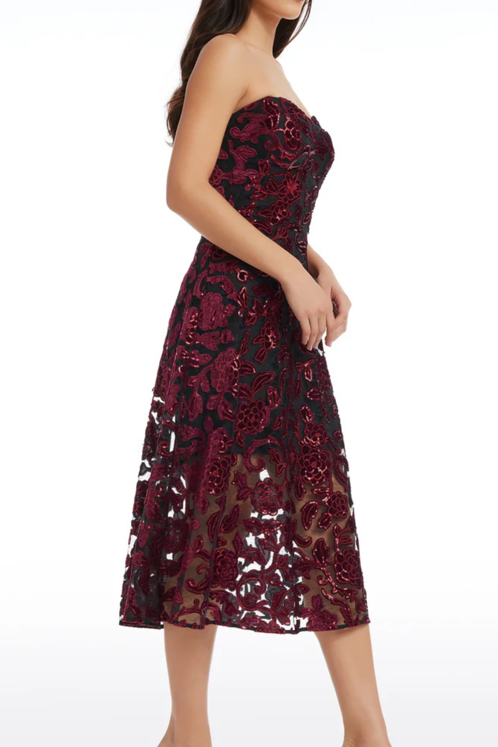 floral print strapless bustier midi dress in burgundy