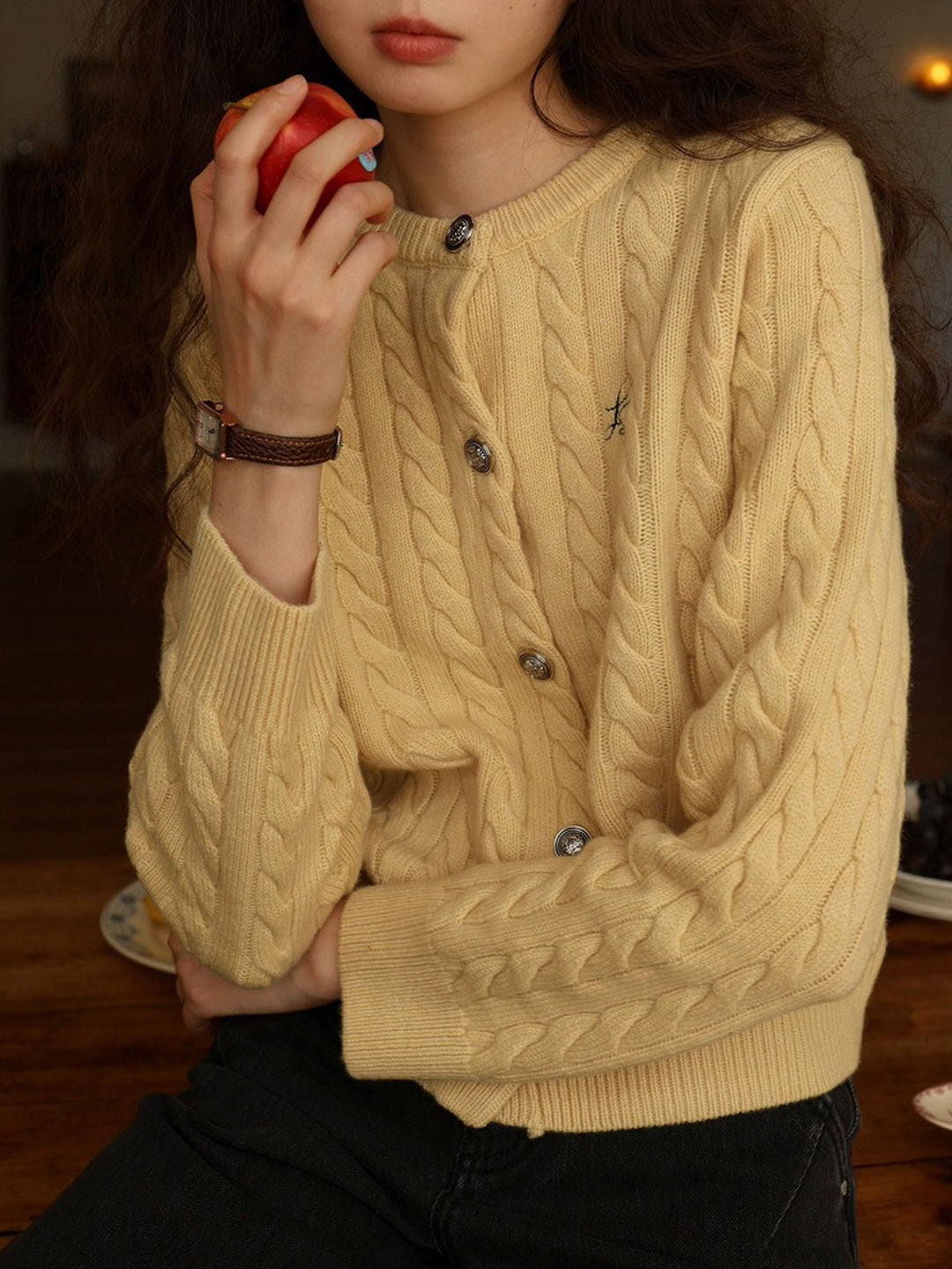 Riley Loose Crew Neck Cable Knitted Cardigan