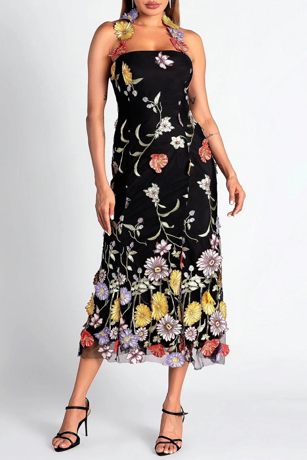 HALTER EMBROIDER FLORAL MIDI DRESS IN BLACK