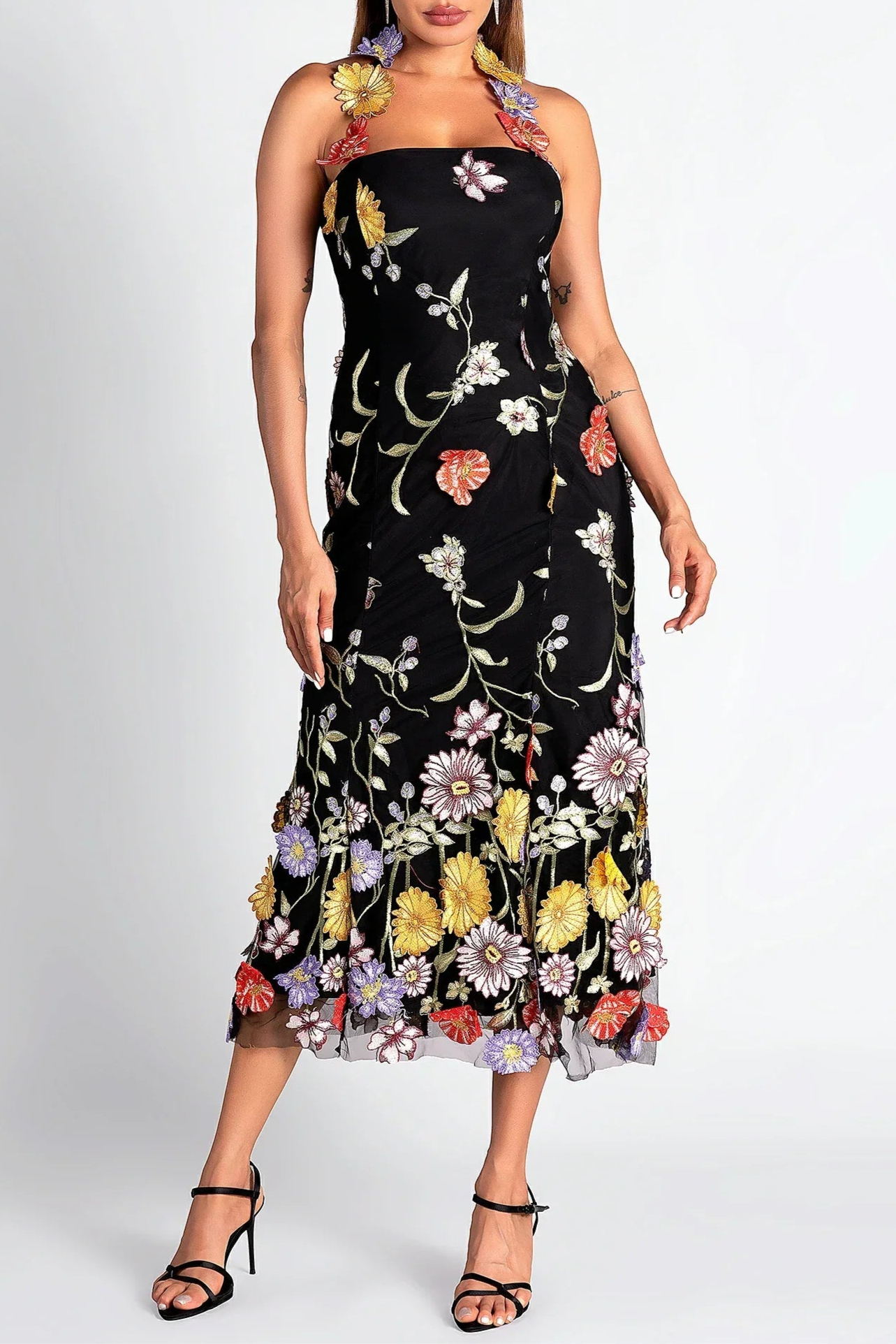 HALTER EMBROIDER FLORAL MIDI DRESS IN BLACK