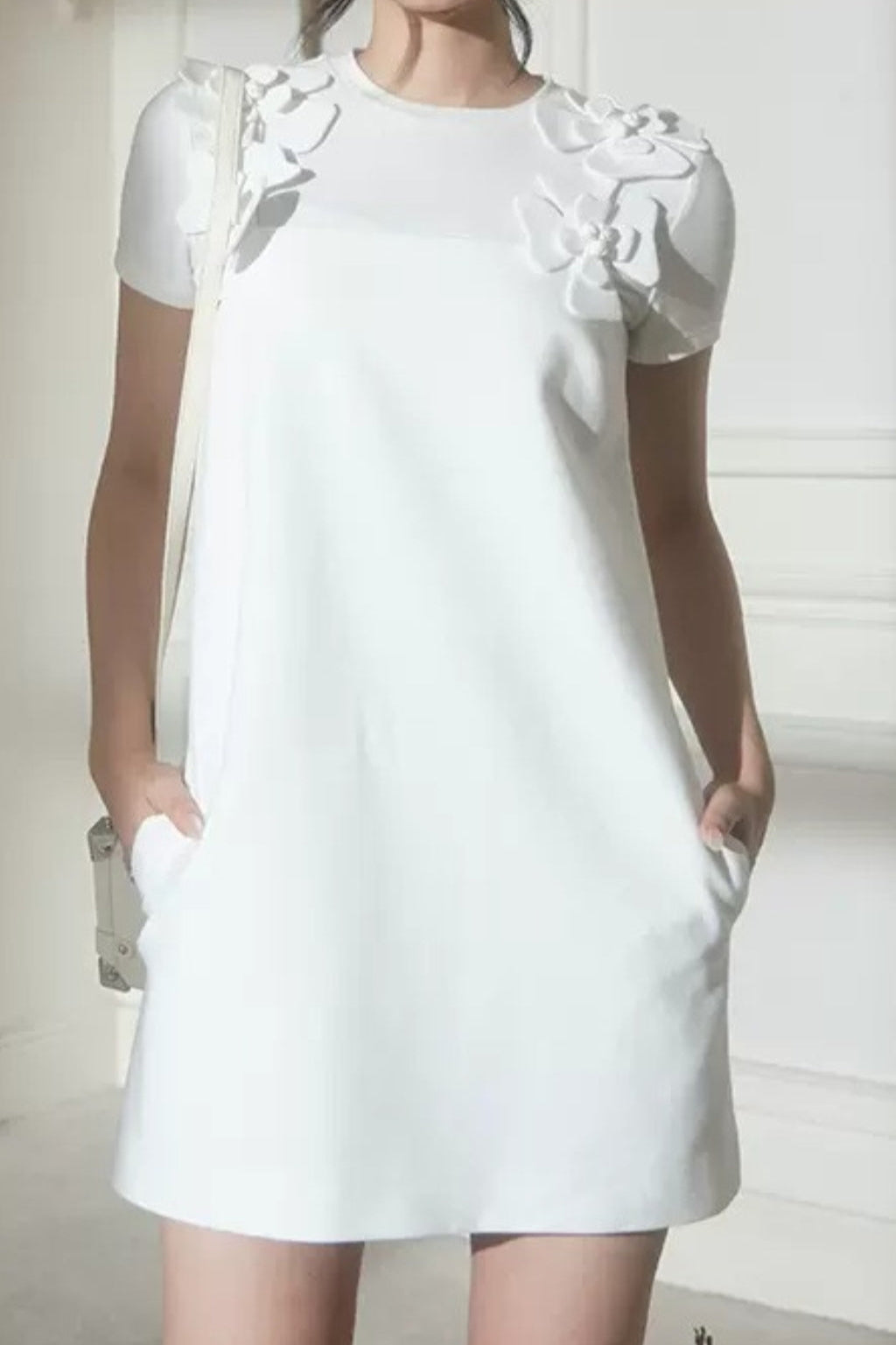 3D Floral Shoulder Strap Halter Mini Dress In White