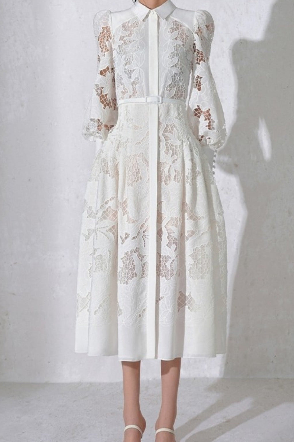 WHITE LACE EMBROIDERED FULL HEM MIDI DRESS