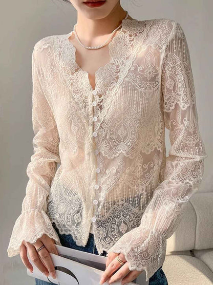 martha Slim V-Neck Hollowed Lace Top