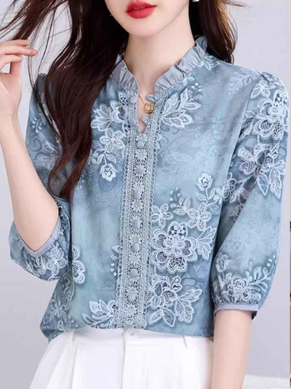simona Classic Auricular Collar Printed Chiffon Top