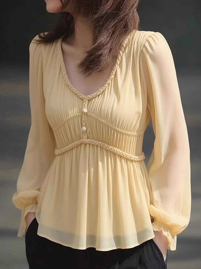 janice Daily V-Neck Puff Sleeve Chiffon Top