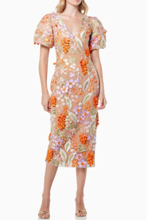 Mesh embroidered 3D flower V-neck puff sleeves midi dress in orange