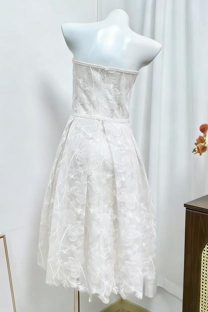 AGNENS White Sexy Strapless Embroidered Lace Midi Dress