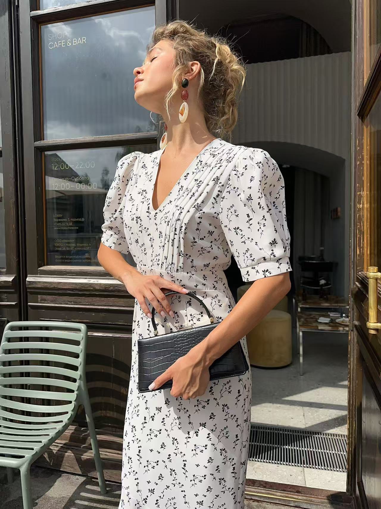 Puff Sleeve Pleated Floral Midi Dress