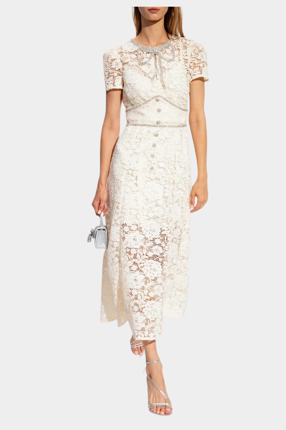 FLORAL LACE BOW MIDI DRESS IN IVORY