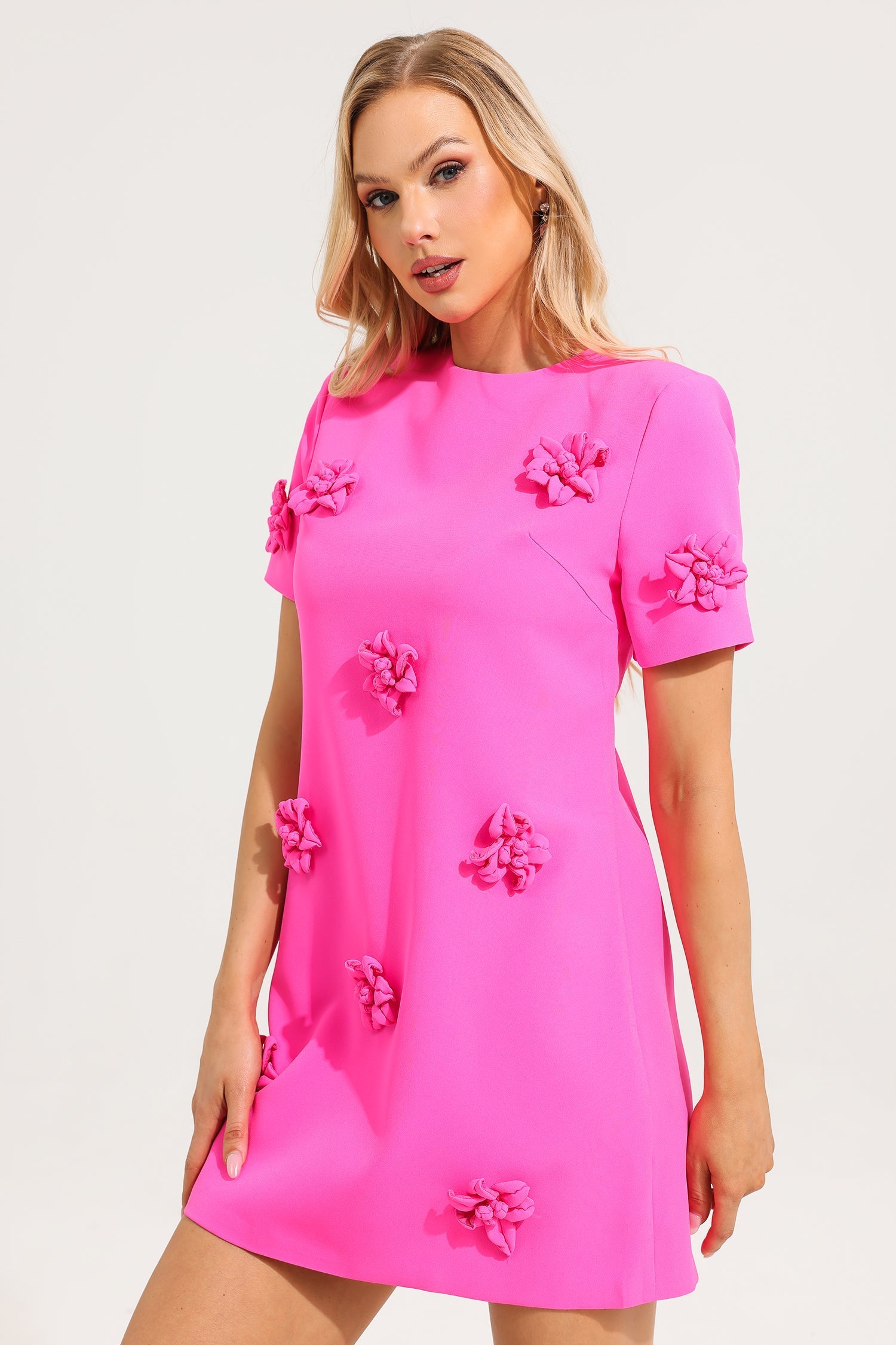 3D FLORAL SHORT SLEEVE MINI DRESS