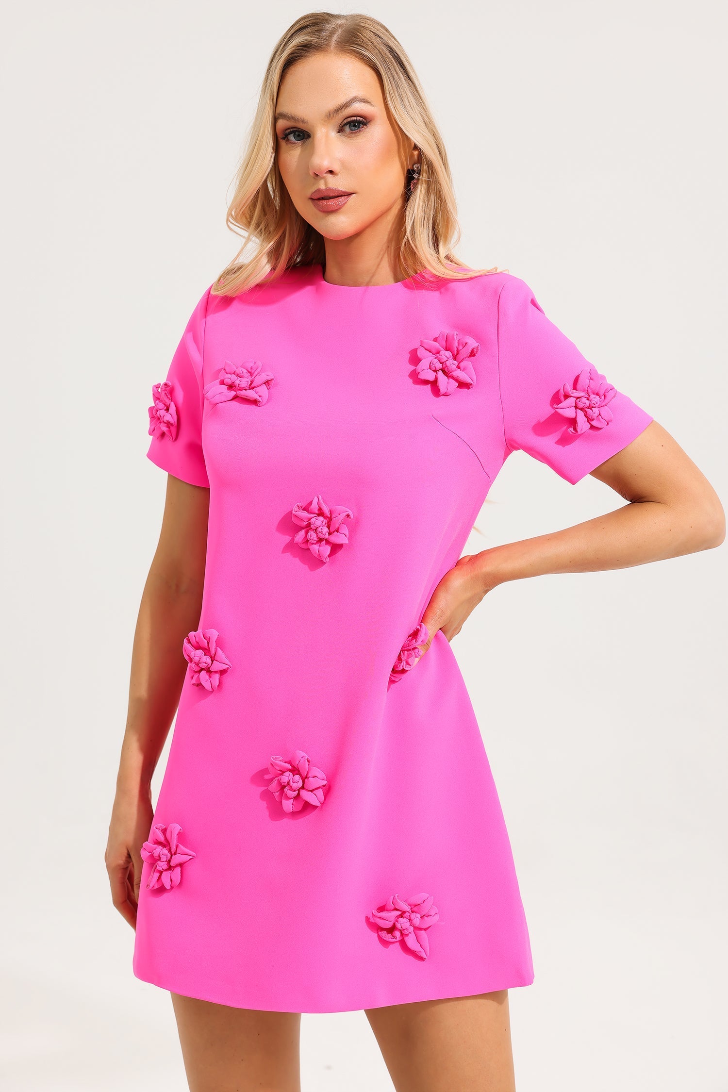 3D FLORAL SHORT SLEEVE MINI DRESS