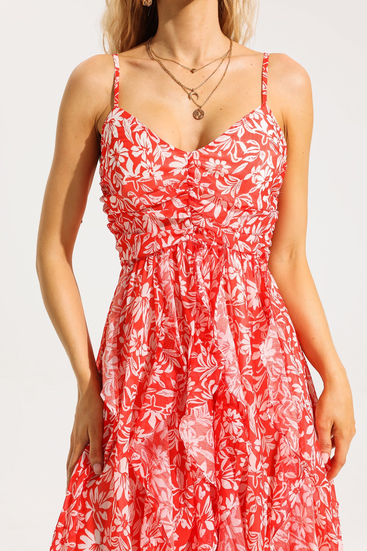 Floral Ruched Ruffle Cami Maxi Dress
